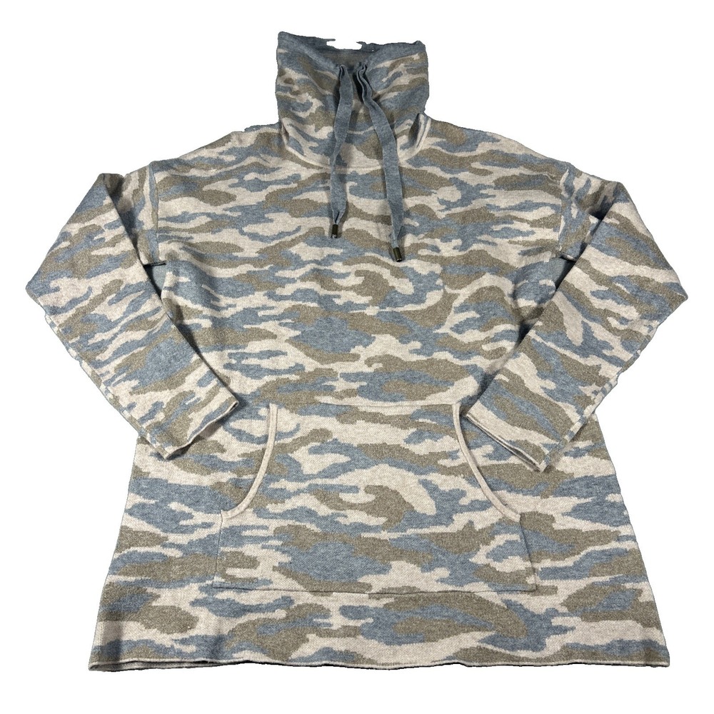Tahari Sweater Womens Large Gray Hooded High Neck Camo Tight-Knit Pullover